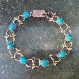 Gorgeous Mexican 925 Sterling Silver Turquoise Oval Link Chain Bracelet 7.5in